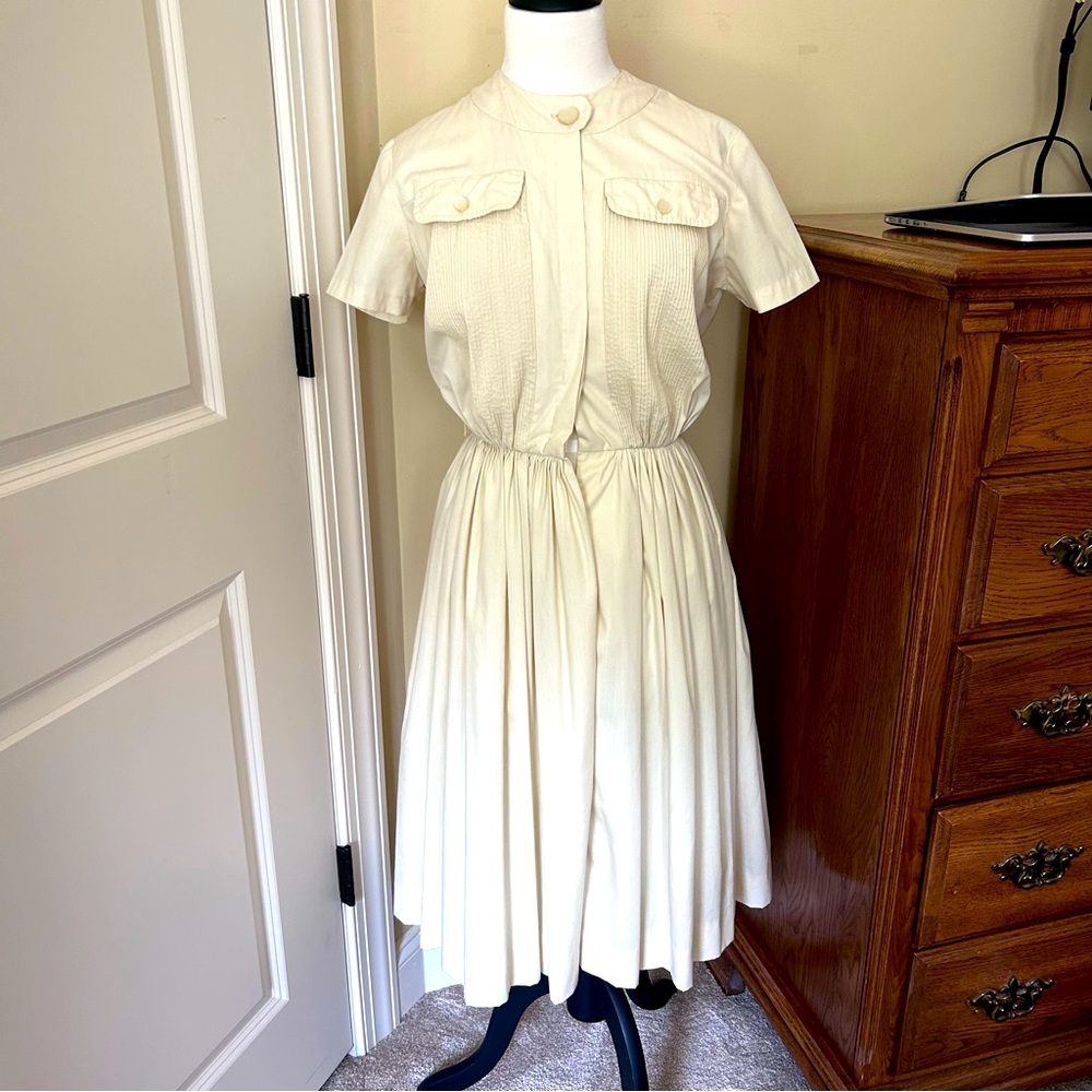 Vintage AAWC Workers Union Cream Midi Dress with Pleat Details